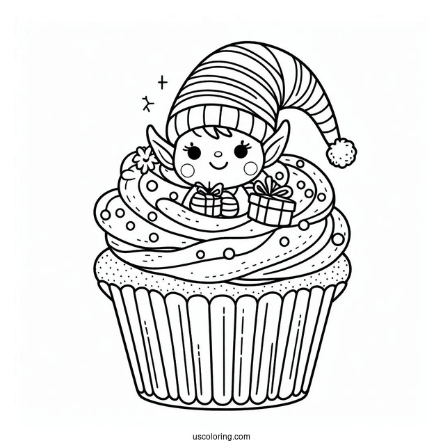 Christmas Themed Cupcake With Elves To Color