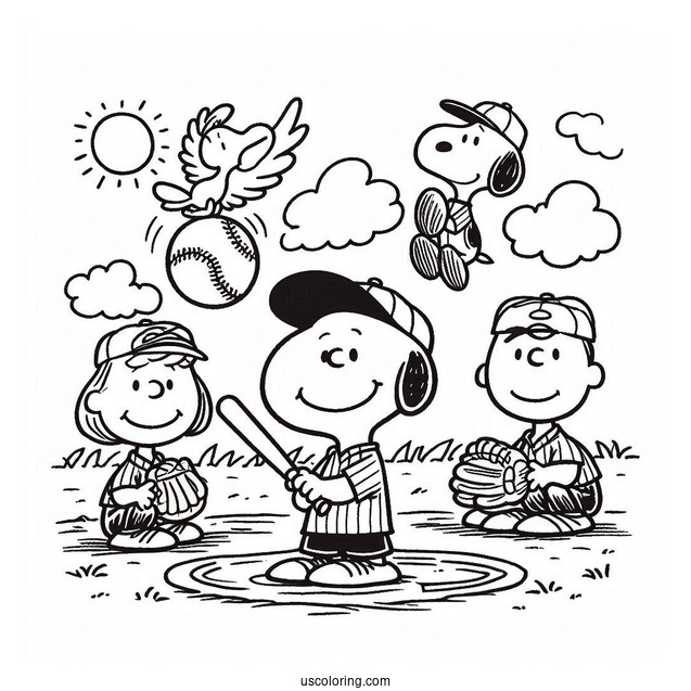 Coloring Page Of Peanuts Gang Playing Baseball