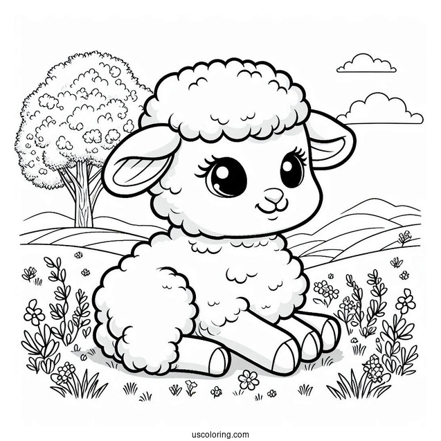 Happy Baby Lamb Sitting In Field Coloring