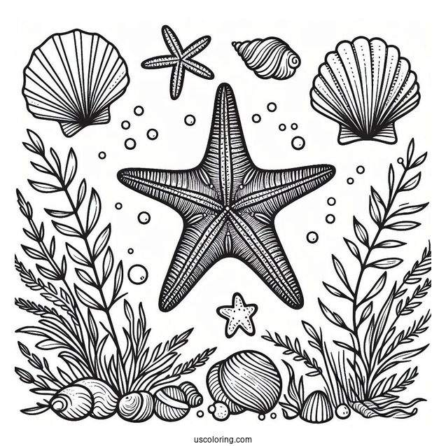 Starfish Coloring Page With Seashells And Seaweeds
