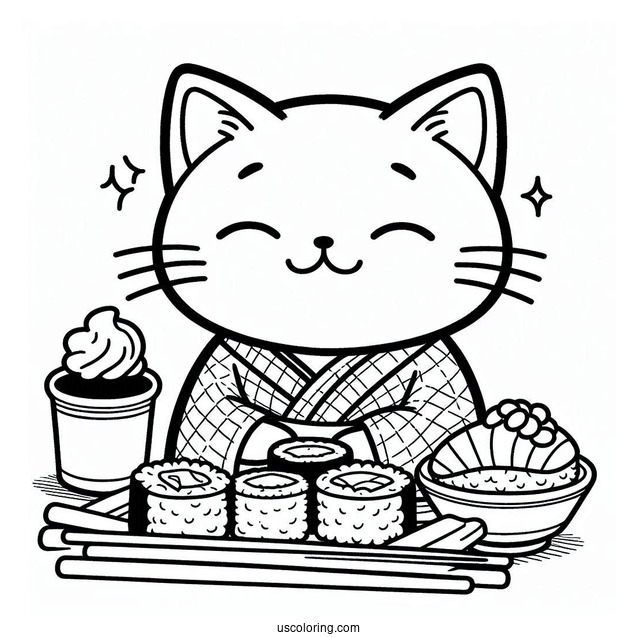 Happy Cat In A Yukata Eating Sushi Coloring Page For Kids