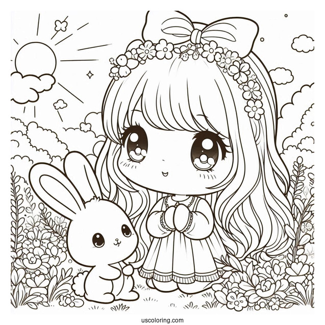 Kawaii Precious Moments Coloring Page Of Girl In Garden With Bunny For Kids