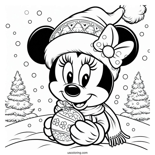 Minnie Mouse Wearing Santa Hat In Snow To Color