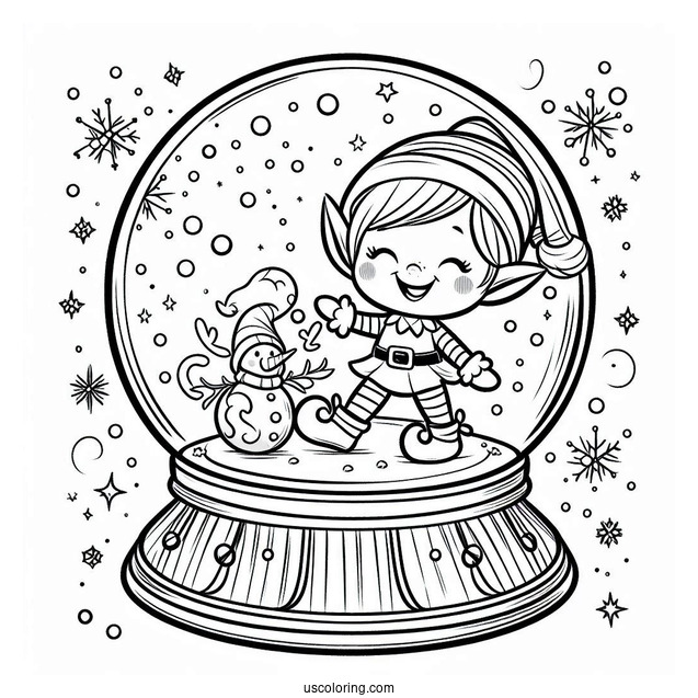 Cheerful Elf Snow Globe Coloring Page