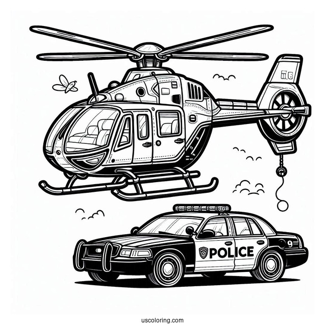 Helicopter Hovering Above A Police Car Coloring Page