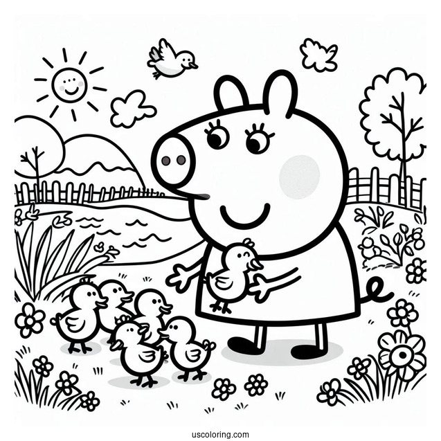 Peppa Pig Helping Baby Ducklings Coloring