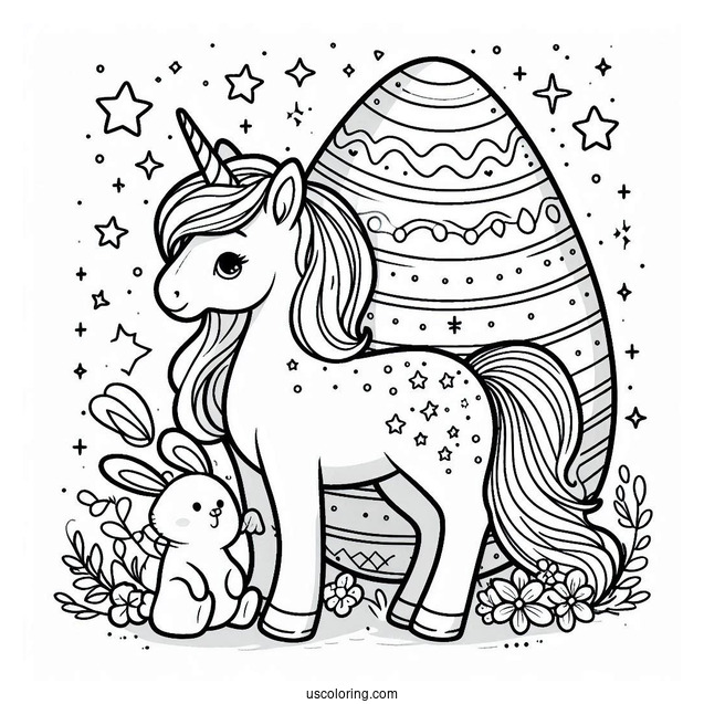 Unicorn Standing on Easter Egg Coloring Page With Stars and Bunnies v2