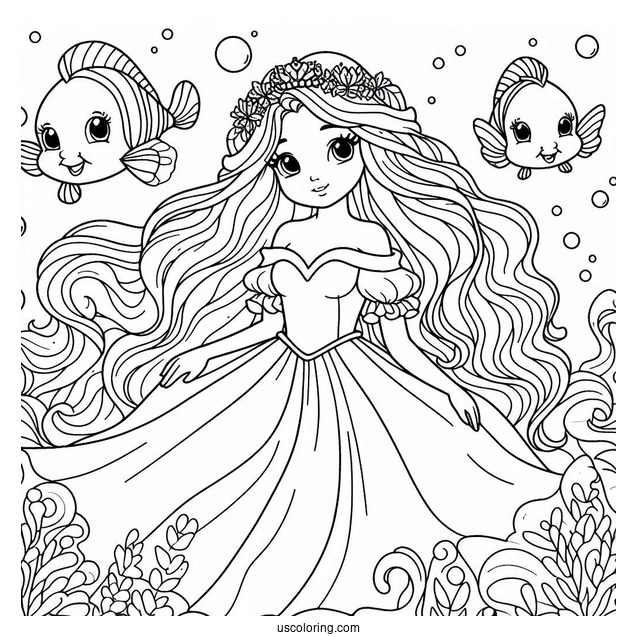 Princess Coloring Page Of Human Princess Ariel With Flounders