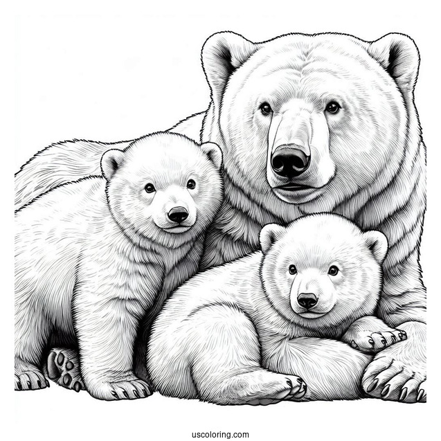 Realistic Coloring Page Of Polar Bear With Cubs
