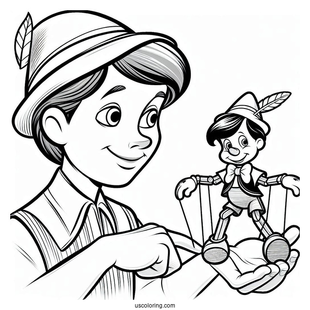 Geppetto Controlling Puppet Pinocchio Coloring Page
