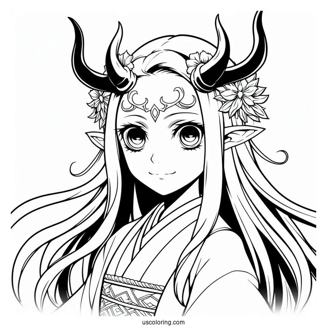 Demon Nezuko Coloring Page With Horn