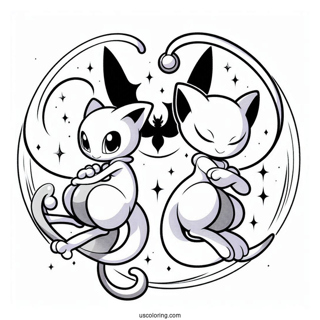Mewtwo and Mew Miraculous Duo Coloring Page