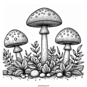Three Realistic Mushroom Coloring Page Surrounded By Larger Plants