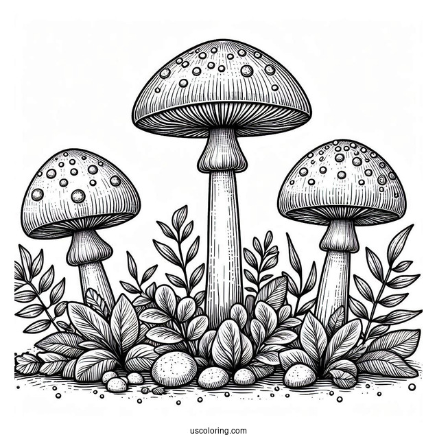 Three Realistic Mushroom Coloring Page Surrounded By Larger Plants