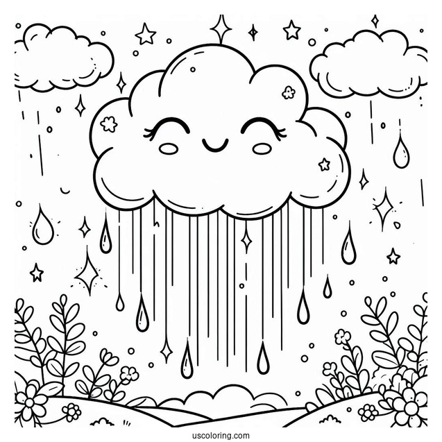Rain Coloring Page Falling From Happy Cloud