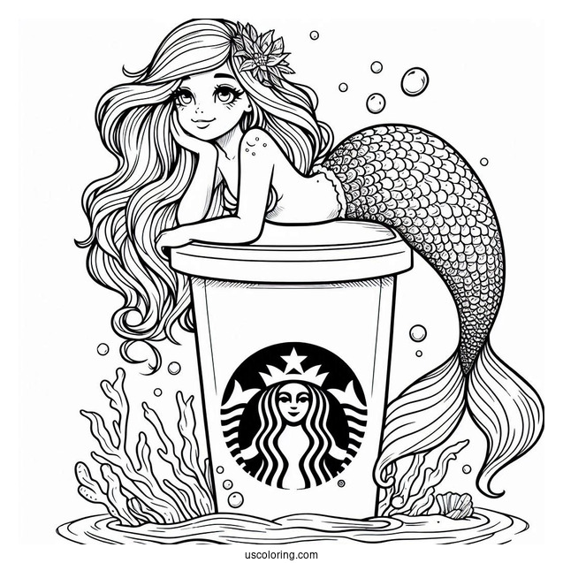 Beautiful Mermaid Resting On Top Of A Starbucks Coloring Page Cup Under The Sea