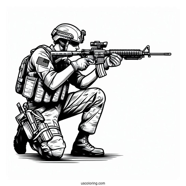 Soldier Coloring Page With Rifle Getting Ready To Shoot