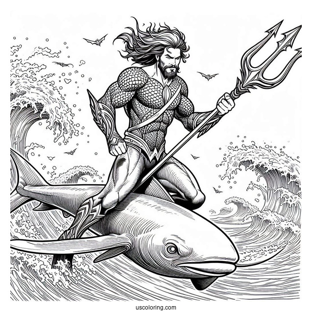 Aquaman Coloring Page Holding his Trident While Riding A Manta Ray