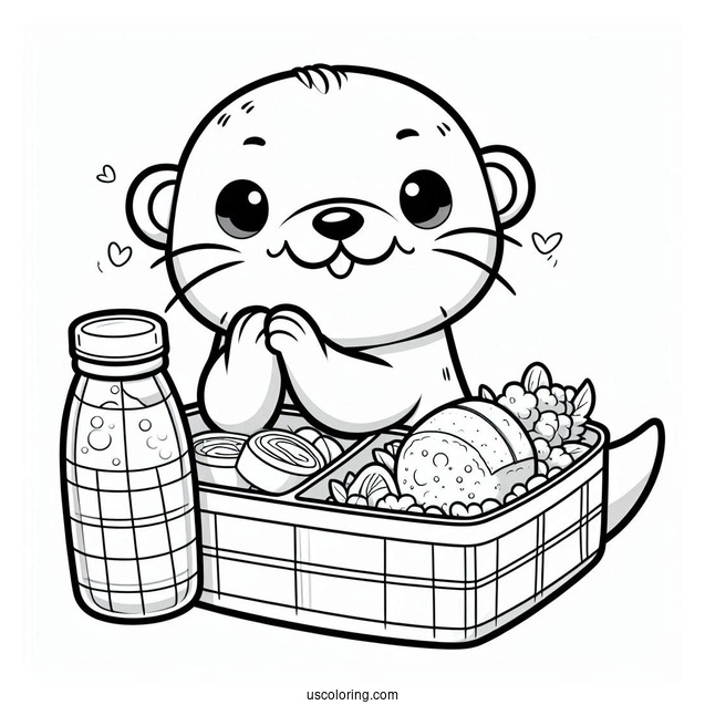 Otter Coloring Page In Bento Box With Cartoon Food