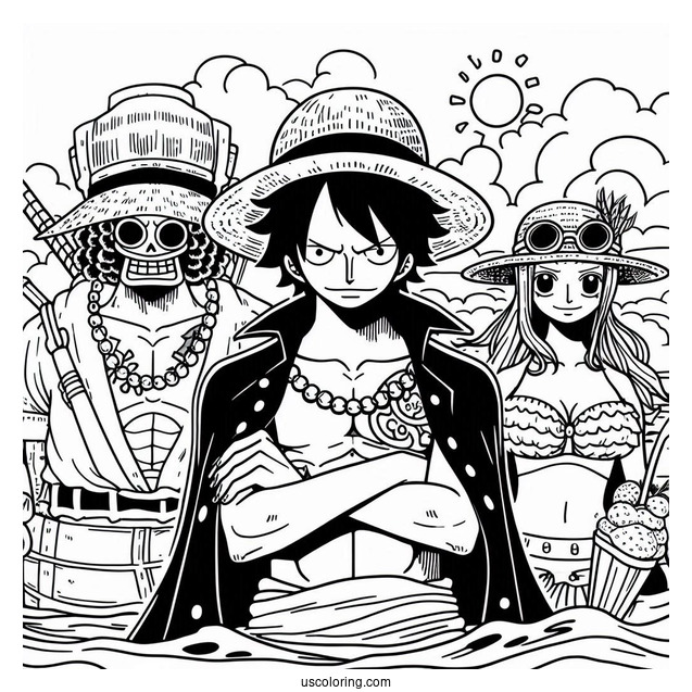 One Piece Coloring Page Of Straw Hat Pirate With Jimbei, Franky, And Brook