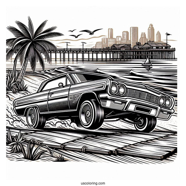 Lowrider Coloring Page Of 1964 Chevy Impala Hopping At The Beach