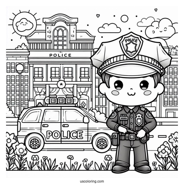 Police Officer In Front Of Police Station To Color