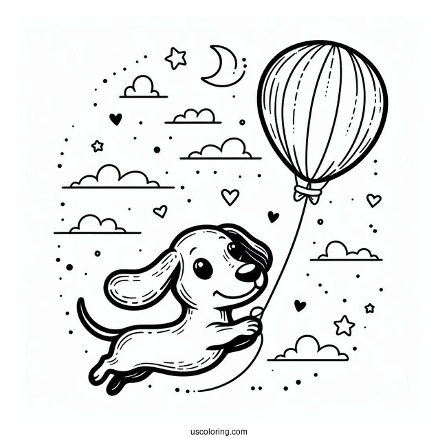 Dachshund Coloring Page Flying With Balloon In The Sky