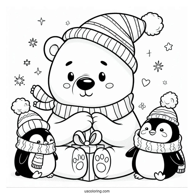 Coloring Page Of Cartoon Polar Bear With Penguins On Christmas