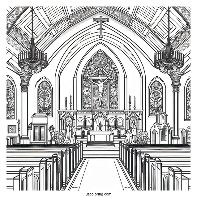 Church Coloring Page Interior With Pews, Stained Glass, And The Crucifixion
