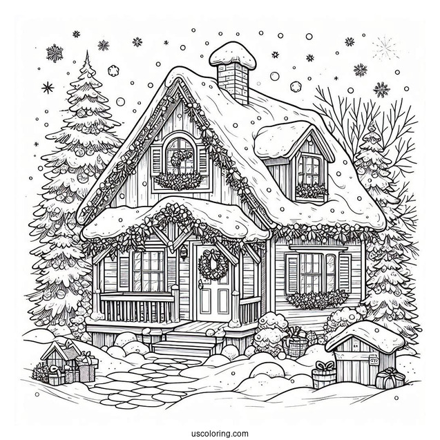 Christmas Coloring Pages For Adults Of House Covered In Snow On Christmas Day