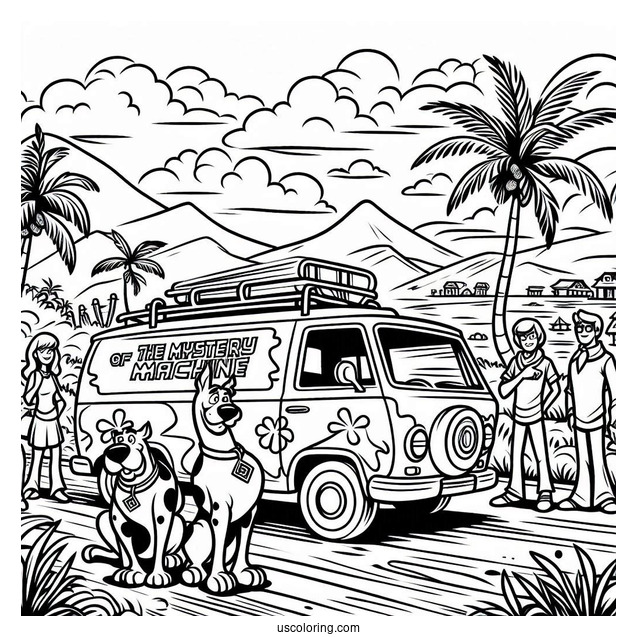 Scooby Gang With The Mystery Machine Coloring Page