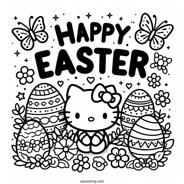 Happy Easter Word Over Hello Kitty And Easter Coloring Page Of Egg For Preschoolers