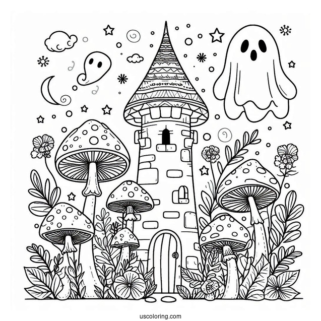 Mushroom Coloring Page Tower With Ghost And Floral Backgrounds