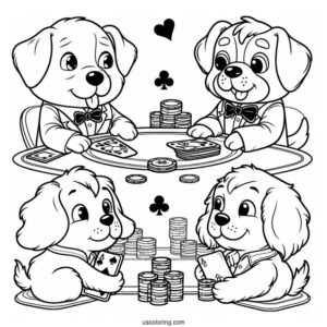 Funny Coloring Page Of Dogs Playing Poker