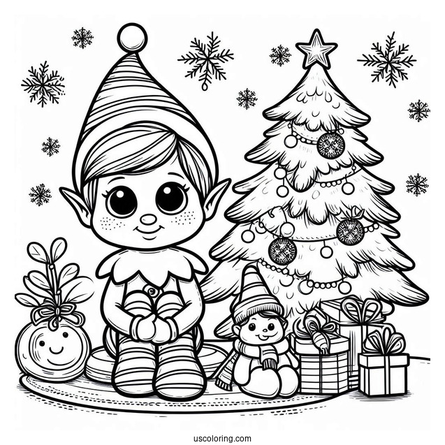 Elf On The Shelf With Christmas Tree To Color