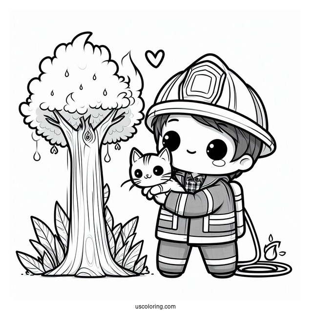Heroic Chibi Coloring Page Firefighter Saving a Kitten from a Tree