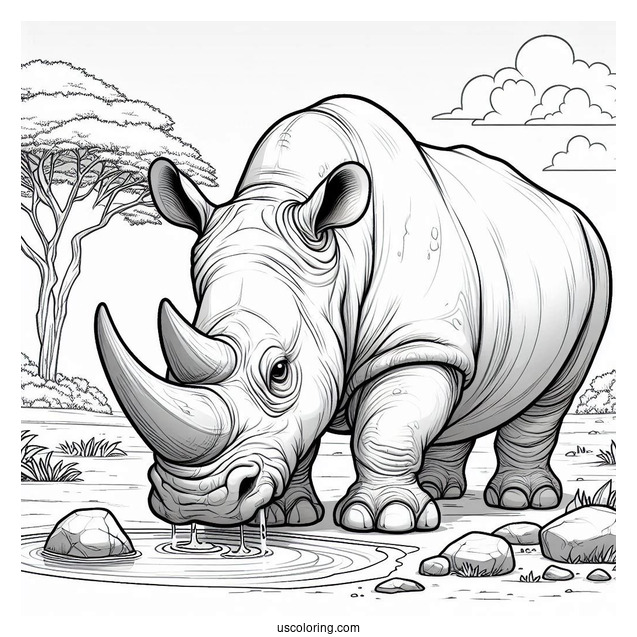 Angry Looking Rhino Next To Watering Hole