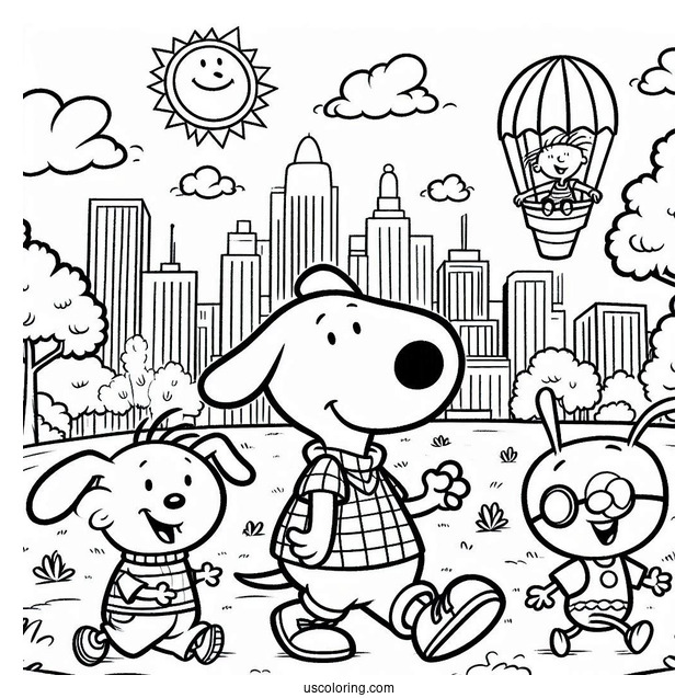 Nickelodeon Coloring Page Of Doug, Skeeter, And Porkchop Walking In Park