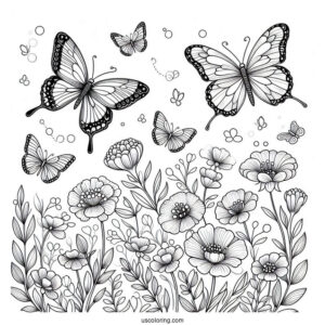 Butterflies Hovering Above Flowers In Spring