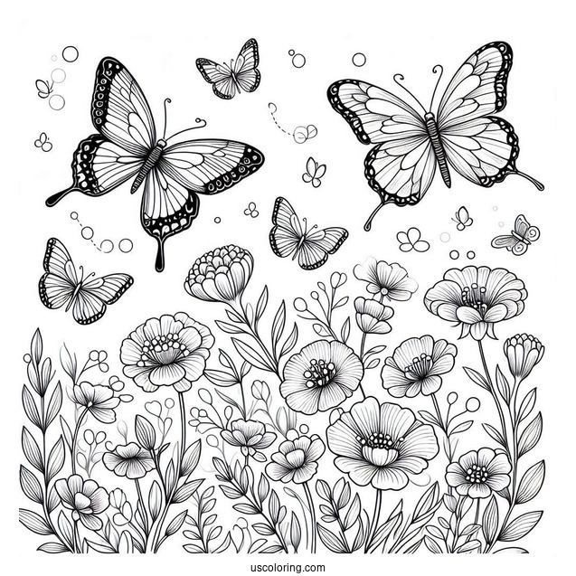 Butterflies Hovering Above Flowers In Spring