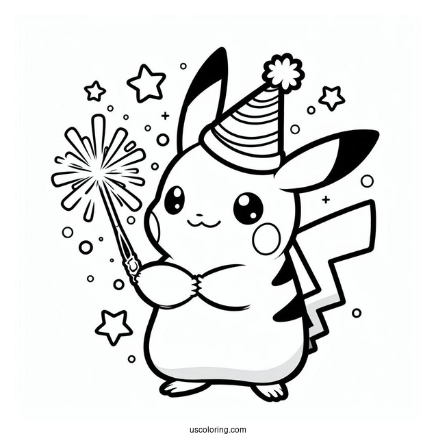Pikachu With A Party Hat And Sparklers On The New Year Coloring Page For Preschoolers