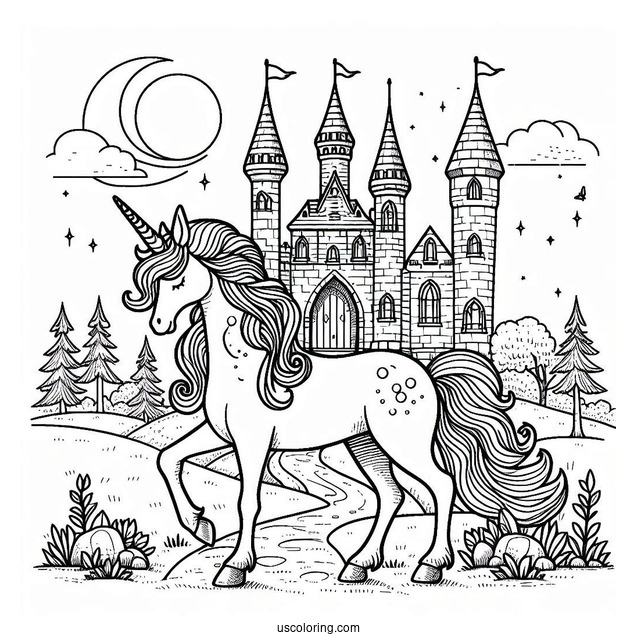 Beautiful Unicorn Standing Outside Of A Castle Coloring Page