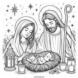 Nativity Coloring Page Of Mary And Joseph Watching Over Newborn Jesus Nativity