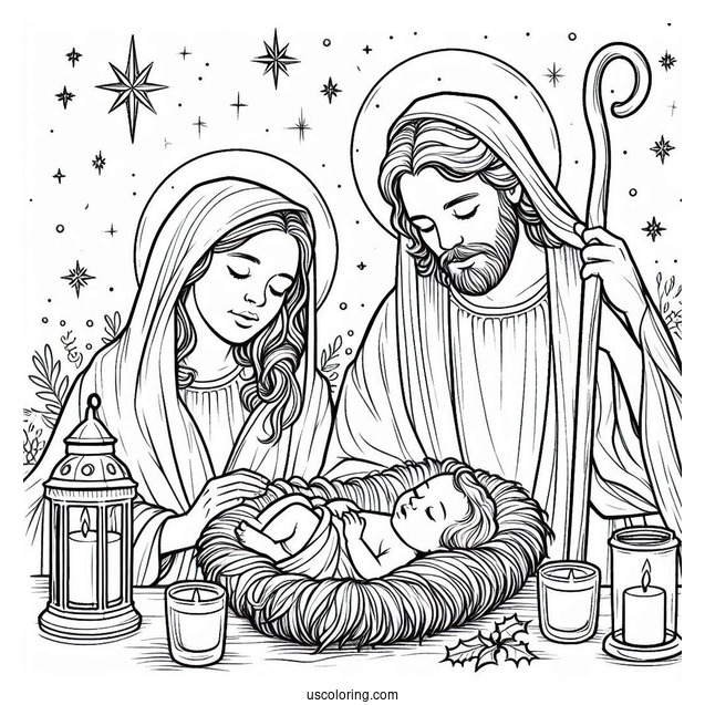 Nativity Coloring Page Of Mary And Joseph Watching Over Newborn Jesus Nativity