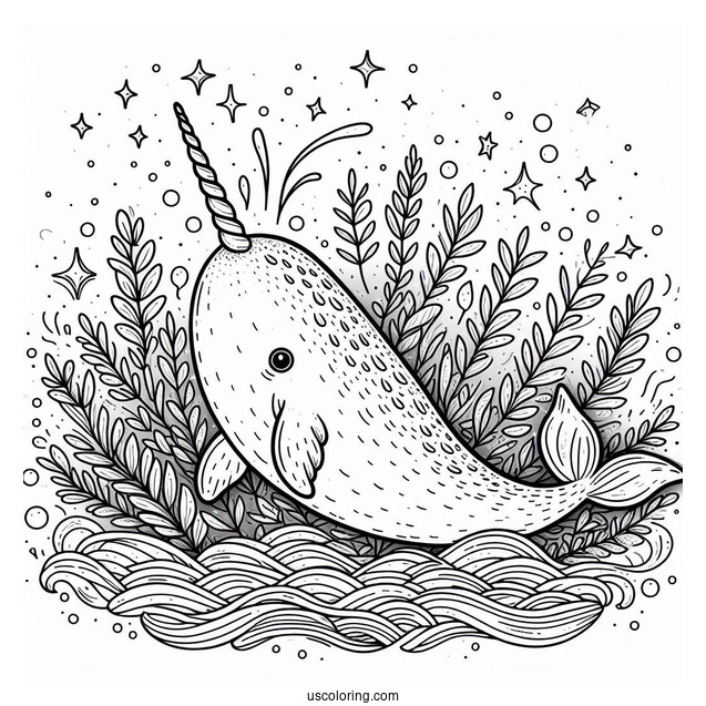 Large Narwhal Coloring Page With Tail Above The Water