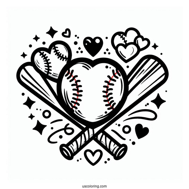 Baseball Coloring Page Of Heart and Bats For Preschoolers