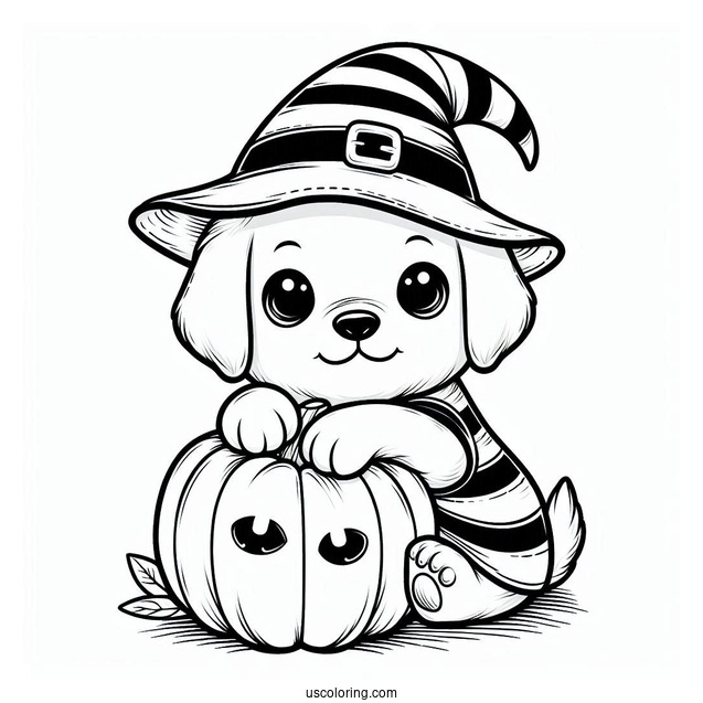 Adorable Puppy Wearing A Witch Hat While Hugging A Pumpkin Coloring Page