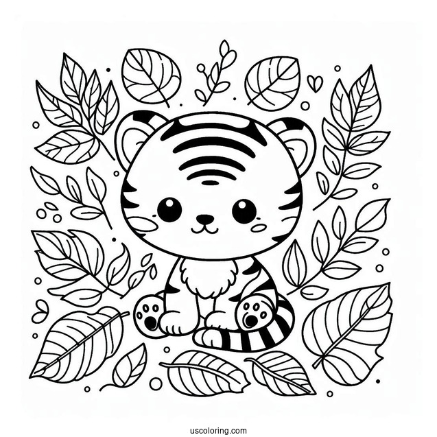 Tiny Tiger On Leaves Pattern Coloring Page