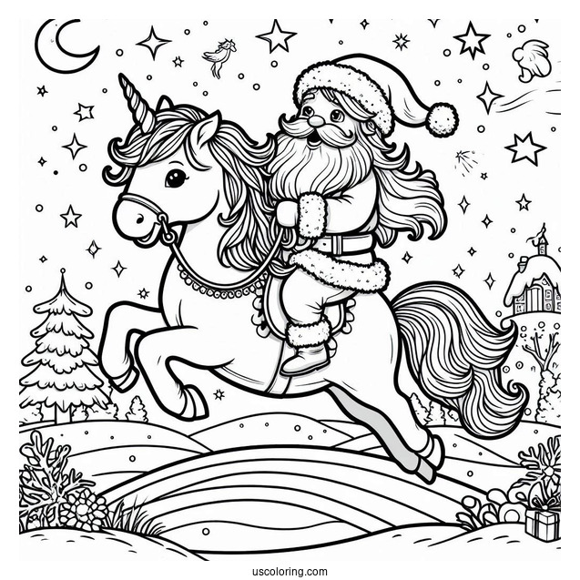 Santa Claus Riding a Unicorn Coloring Page
