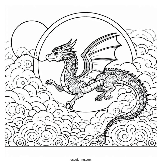 Dragon Flying In A Cloudy Sky Coloring Page